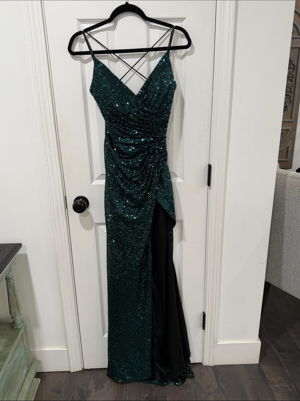 Cinderella Divine Medium stretch Teal Sequin Ruched Prom Gown high slit